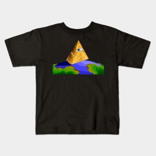 illuminati eye, illuminati triangle over planet earth Kids T-Shirt